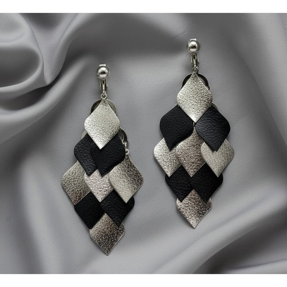 Clip on 3 1/2" Xlong silver and black layered dangle earrings